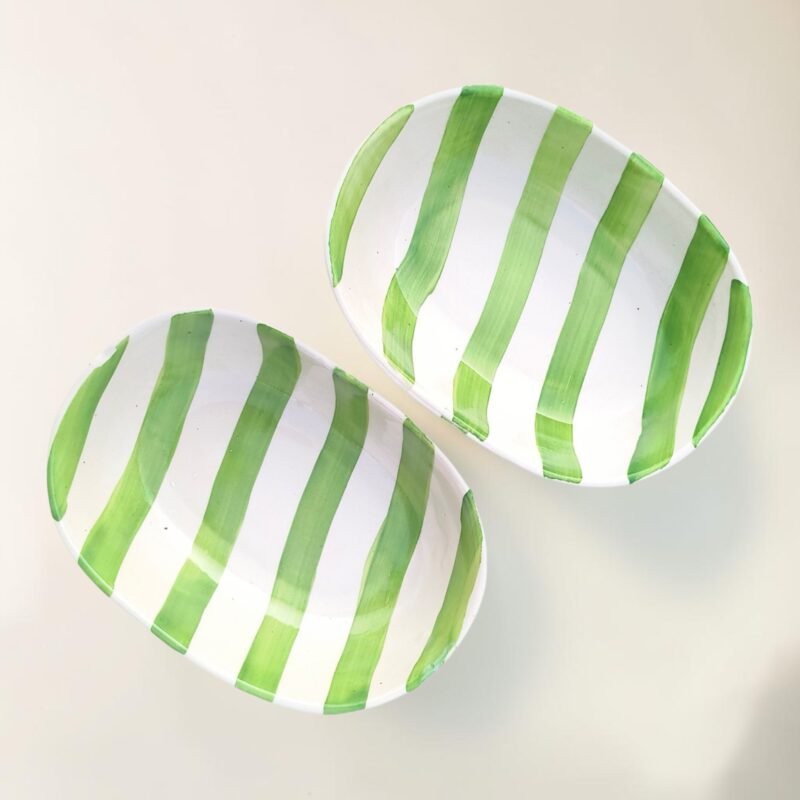 Green striped ceramic bowl for everyday table serving