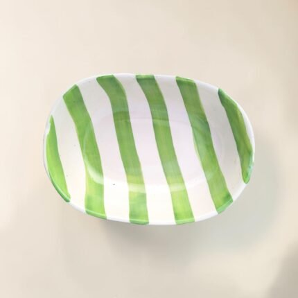 Hand-Painted Ceramic Serving Bowl – Green Striped | Minimal Snack & Dessert Bowl