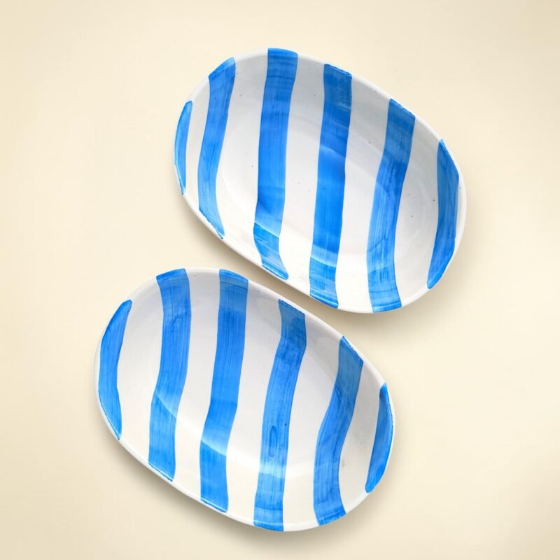Sky blue striped ceramic bowl for everyday table serving