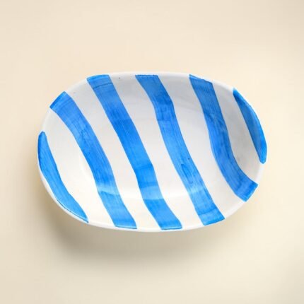 Hand-Painted Ceramic Bowl – Sky Blue Stripes | Light & Minimal Serving Bowl