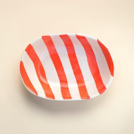 Handcrafted Ceramic Serving Bowl – Orange Striped | Warm Tone Snack Bowl