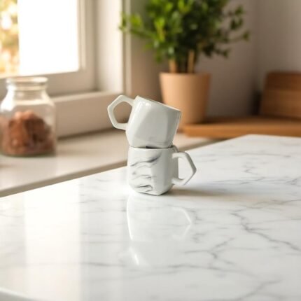 Italian Marble Pattern Ceramic Tea Cups, 200 ml, White, Set of 2, Microwave Safe, for Gifting and Personal Use