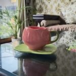 ArtyCera Ceramic Tulip Cup and Saucer Set, Pink and Green, 220 ml, Microwave Safe, Ideal for Gifting