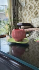 ArtyCera Ceramic Tulip Cup and Saucer Set, Pink and Green, 220 ml, Microwave Safe, Ideal for Gifting
