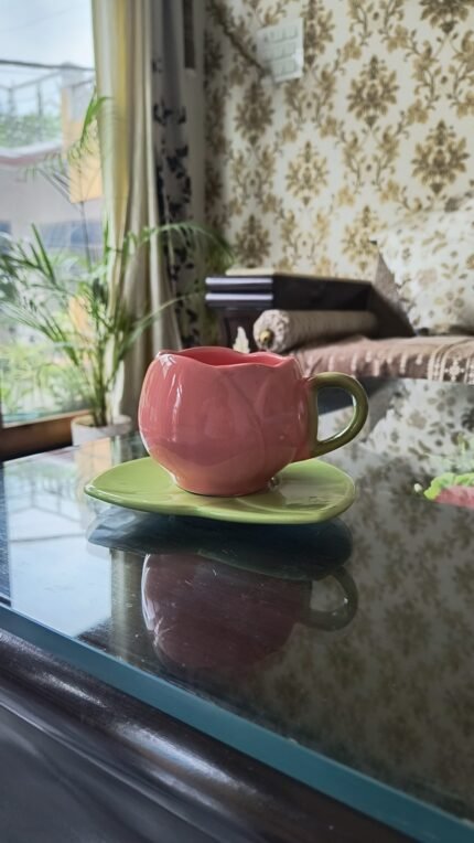 ArtyCera Ceramic Tulip Cup and Saucer Set, Pink and Green, 220 ml, Microwave Safe, Ideal for Gifting