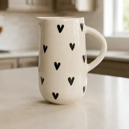 Handpainted ceramic heart jug with black hearts, 1 litre