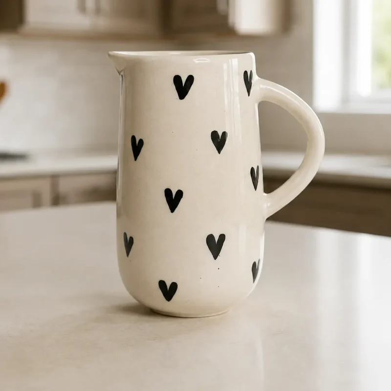 Handpainted ceramic heart jug with black hearts, 1 litre