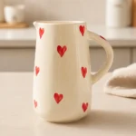 Handpainted ceramic water jug with red hearts, 1 litre