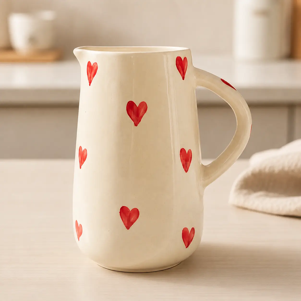 Handpainted ceramic water jug with red hearts, 1 litre
