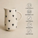 Features of 1 litre handpainted ceramic heart jug with black hearts