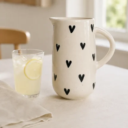 White ceramic jug with handpainted black hearts serving drinks