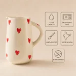 Features of 1 litre handpainted ceramic water jug with red hearts