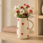 Red heart ceramic water jug used as a flower vase