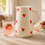 White ceramic jug with red hearts serving drinks
