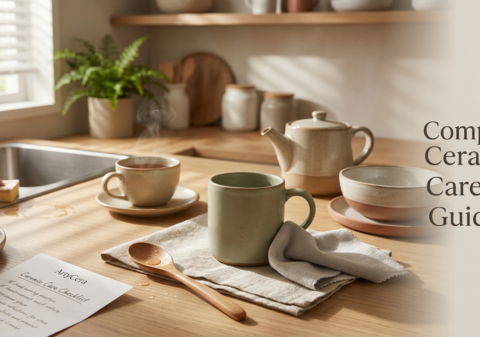 Complete ceramic care guide showing handmade ceramic mugs, teapot, and serveware in a warm aesthetic kitchen setting