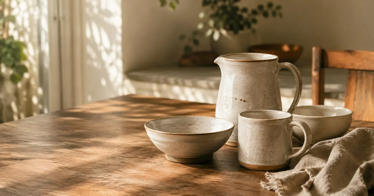 Handcrafted ceramic mug, bowl and jug arranged on a wooden table in natural sunlight.