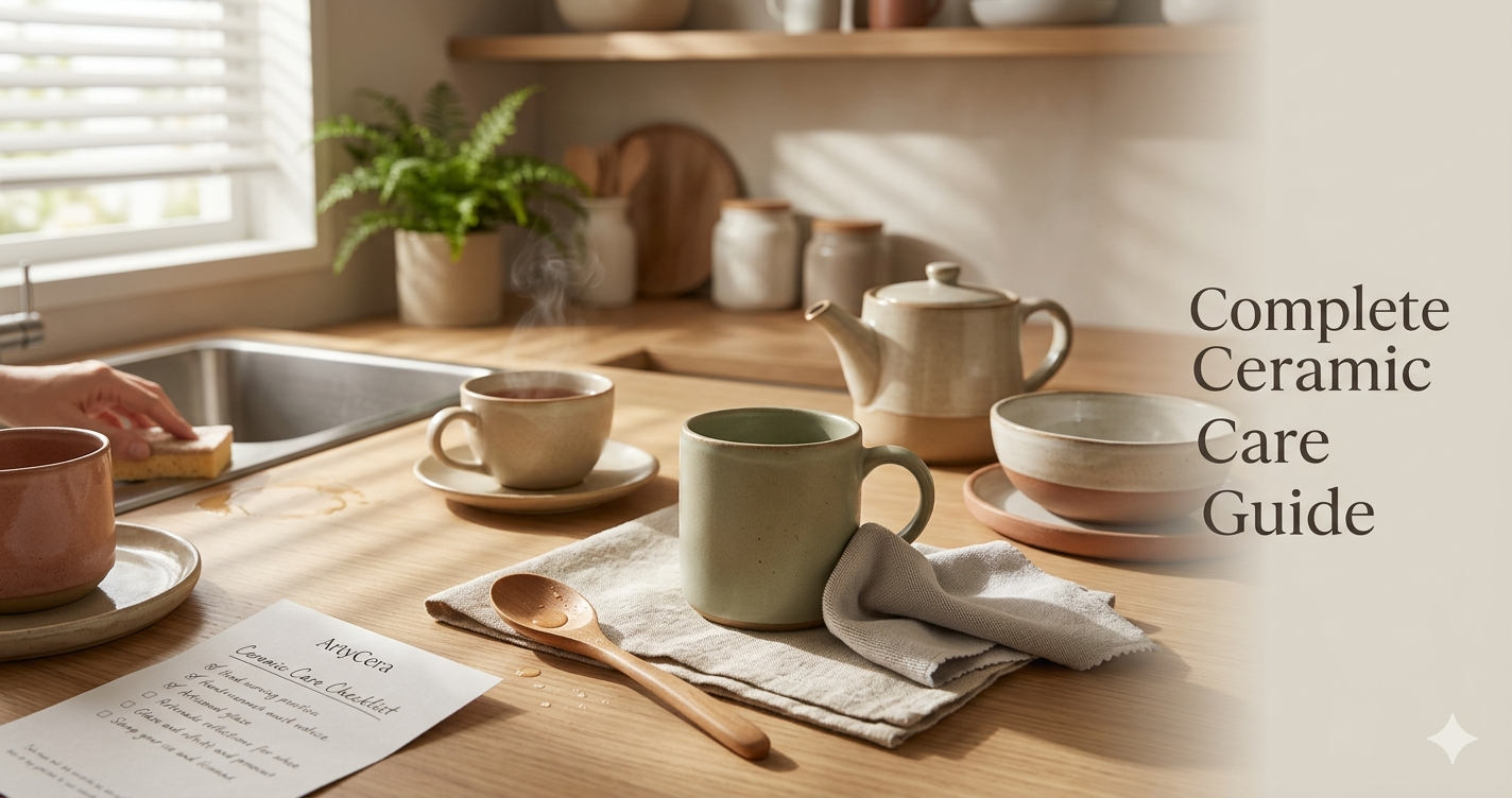 Complete ceramic care guide showing handmade ceramic mugs, teapot, and serveware in a warm aesthetic kitchen setting