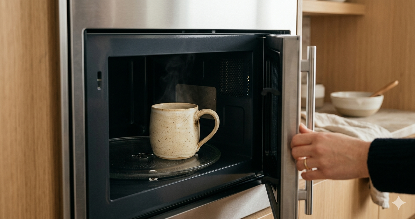 Handmade ceramic mug being tested to check if ceramic is microwave safe — ArtyCera guide