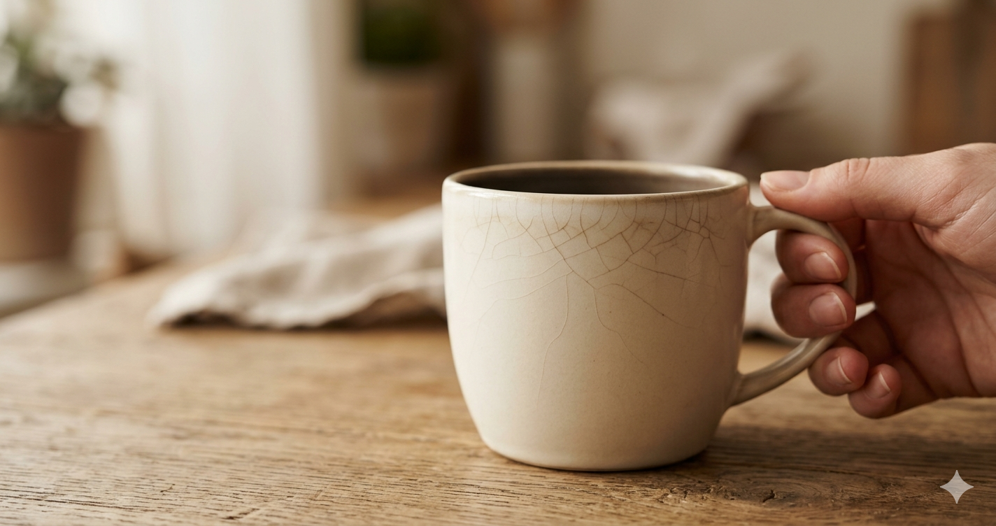 Close-up of crazing cracks on a ceramic mug glaze showing subtle hairline crack patterns