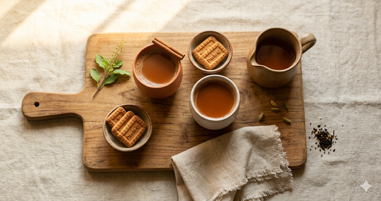 Handmade ceramic chai cups on a wooden tray styled with small ceramic katoris and a chai pitcher — chai serving ideas for everyday hosting at home