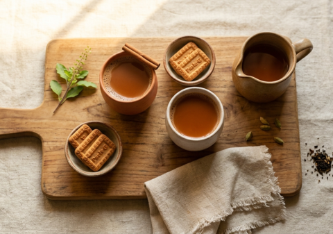 Handmade ceramic chai cups on a wooden tray styled with small ceramic katoris and a chai pitcher — chai serving ideas for everyday hosting at home