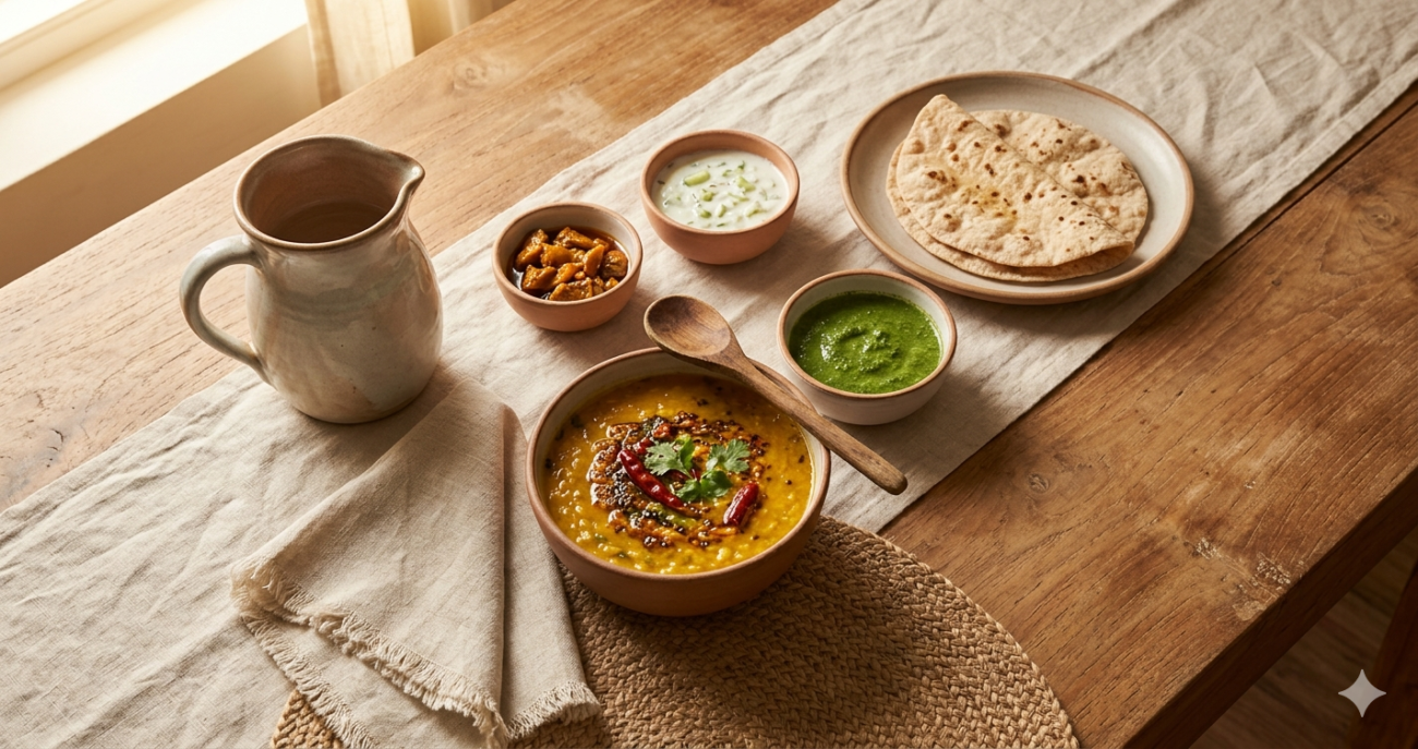 Handmade ceramic serveware styled on a natural teak dining table with Indian food — simple dining table styling ideas for everyday home hosting