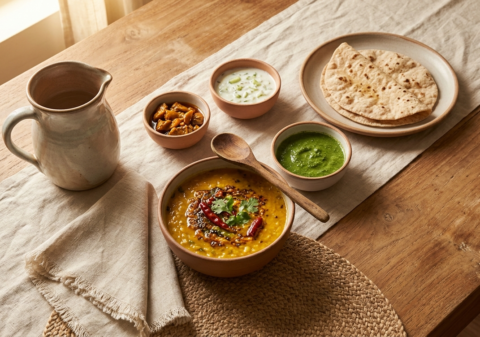 Handmade ceramic serveware styled on a natural teak dining table with Indian food — simple dining table styling ideas for everyday home hosting