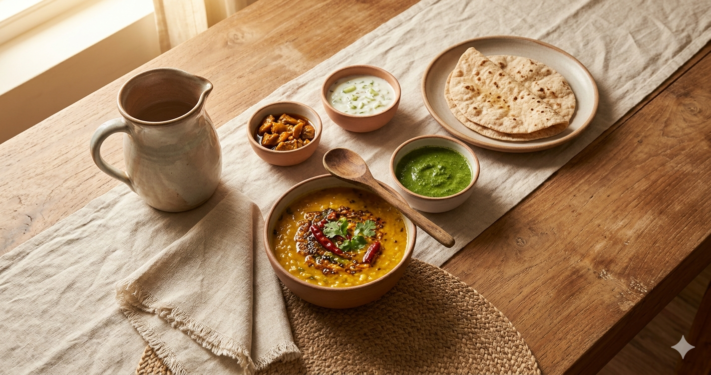 Handmade ceramic serveware styled on a natural teak dining table with Indian food — simple dining table styling ideas for everyday home hosting