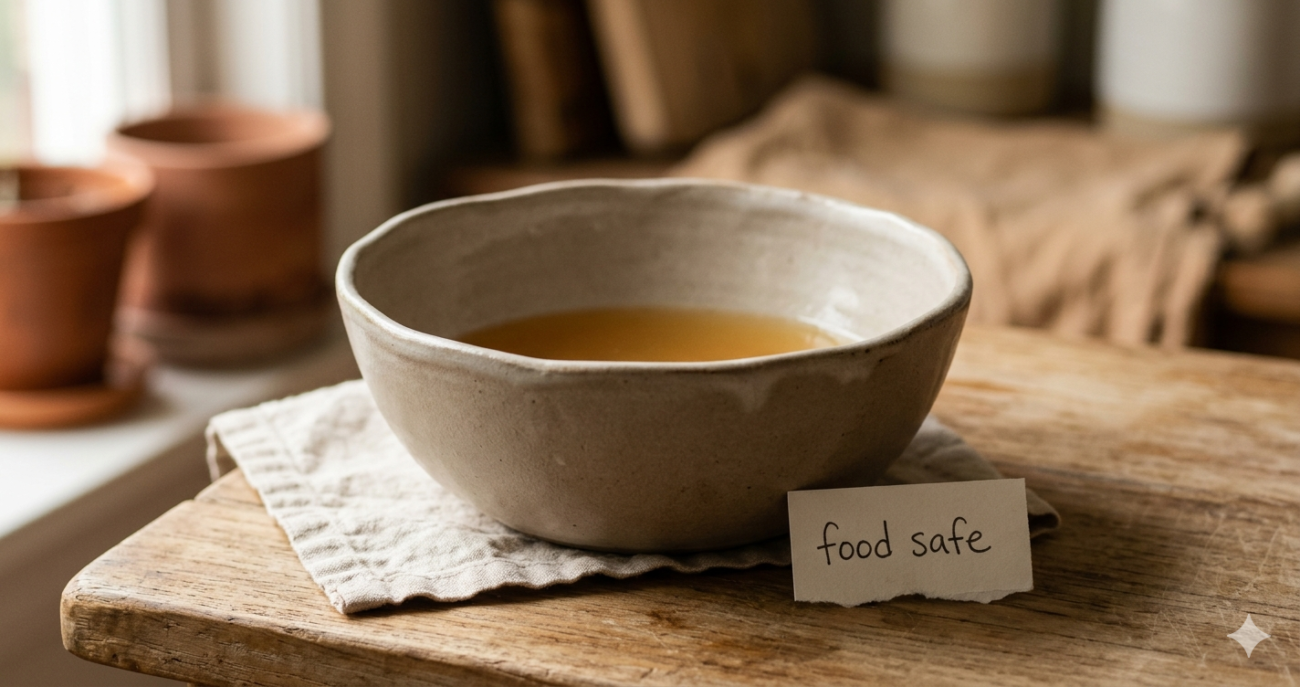 Handmade ceramic bowl with food safe glaze on natural wood surface — ArtyCera ceramic serveware made safe for everyday food and drink