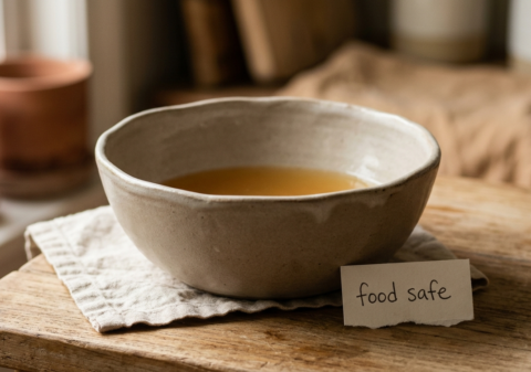 Handmade ceramic bowl with food safe glaze on natural wood surface — ArtyCera ceramic serveware made safe for everyday food and drink