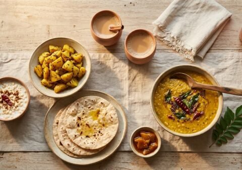 Handmade ceramic serveware styled on a wooden dining table with Indian food — dal, roti, chai and aloo sabzi — for everyday hosting at home