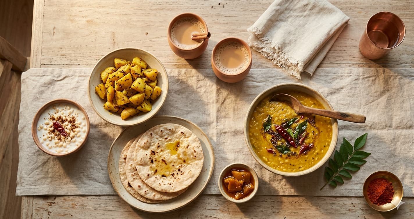 Handmade ceramic serveware styled on a wooden dining table with Indian food — dal, roti, chai and aloo sabzi — for everyday hosting at home