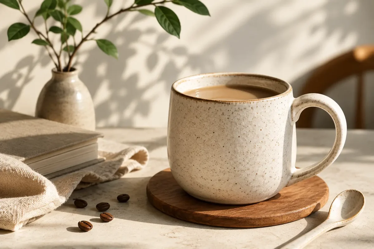 Handcrafted ceramic mug filled with coffee on a wooden coaster in natural light.