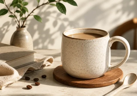 Handcrafted ceramic mug filled with coffee on a wooden coaster in natural light.