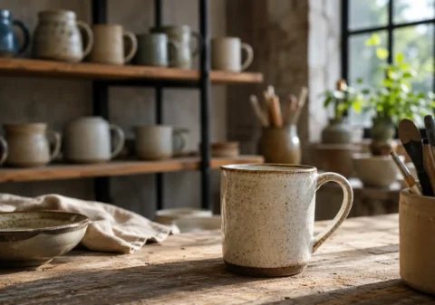 Handcrafted ceramic mug in a pottery studio representing ceramic safety and quality craftsmanship