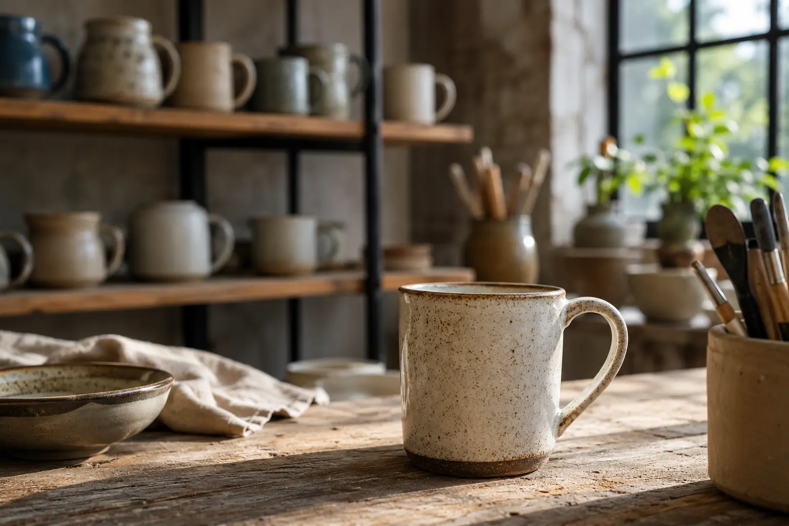 Handcrafted ceramic mug in a pottery studio representing ceramic safety and quality craftsmanship