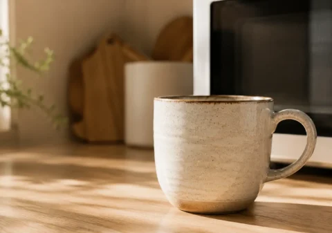 Handmade ceramic mug on a kitchen countertop beside a microwave, illustrating how to tell if a mug is microwave safe.