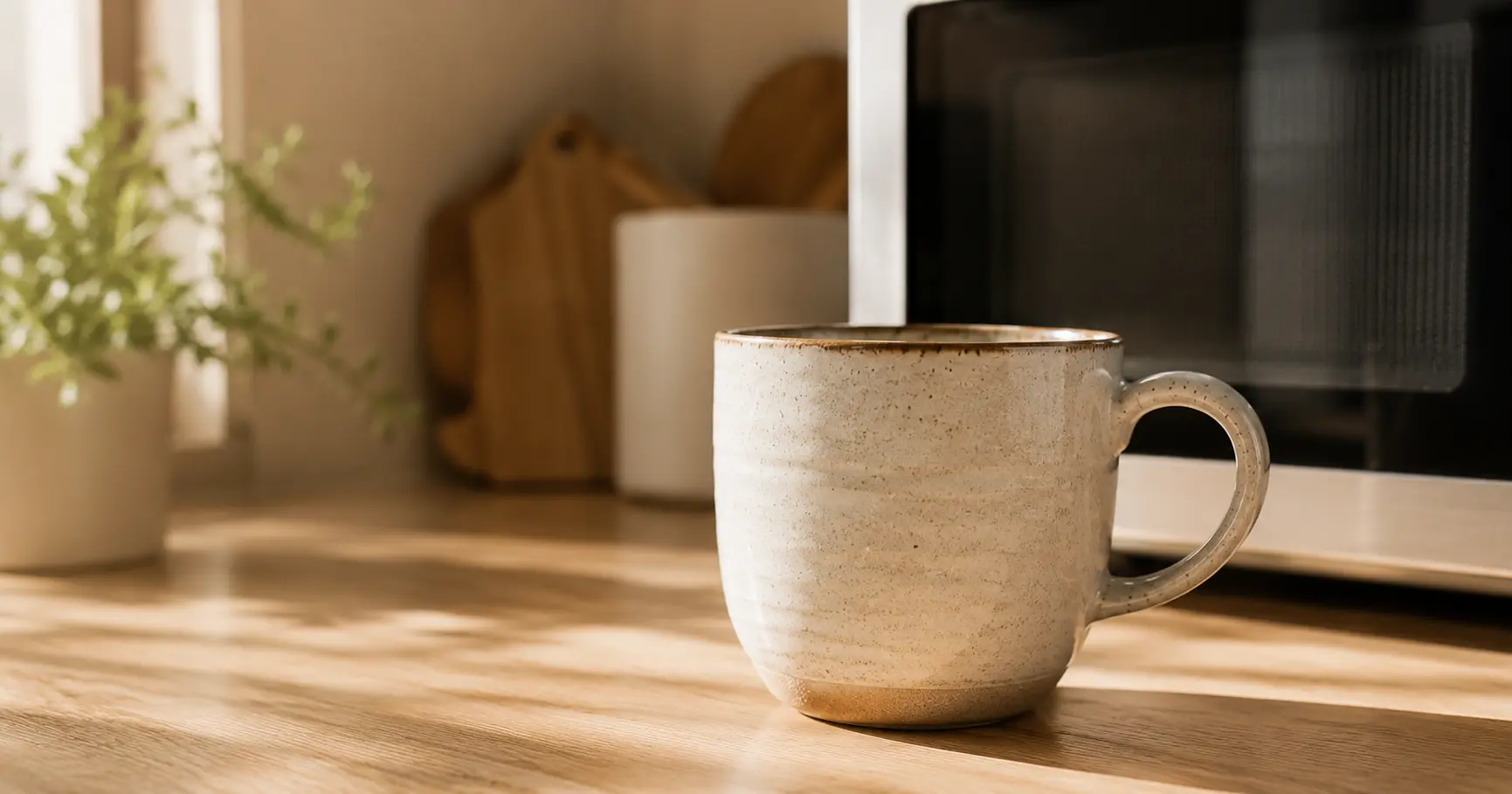 Handmade ceramic mug on a kitchen countertop beside a microwave, illustrating how to tell if a mug is microwave safe.