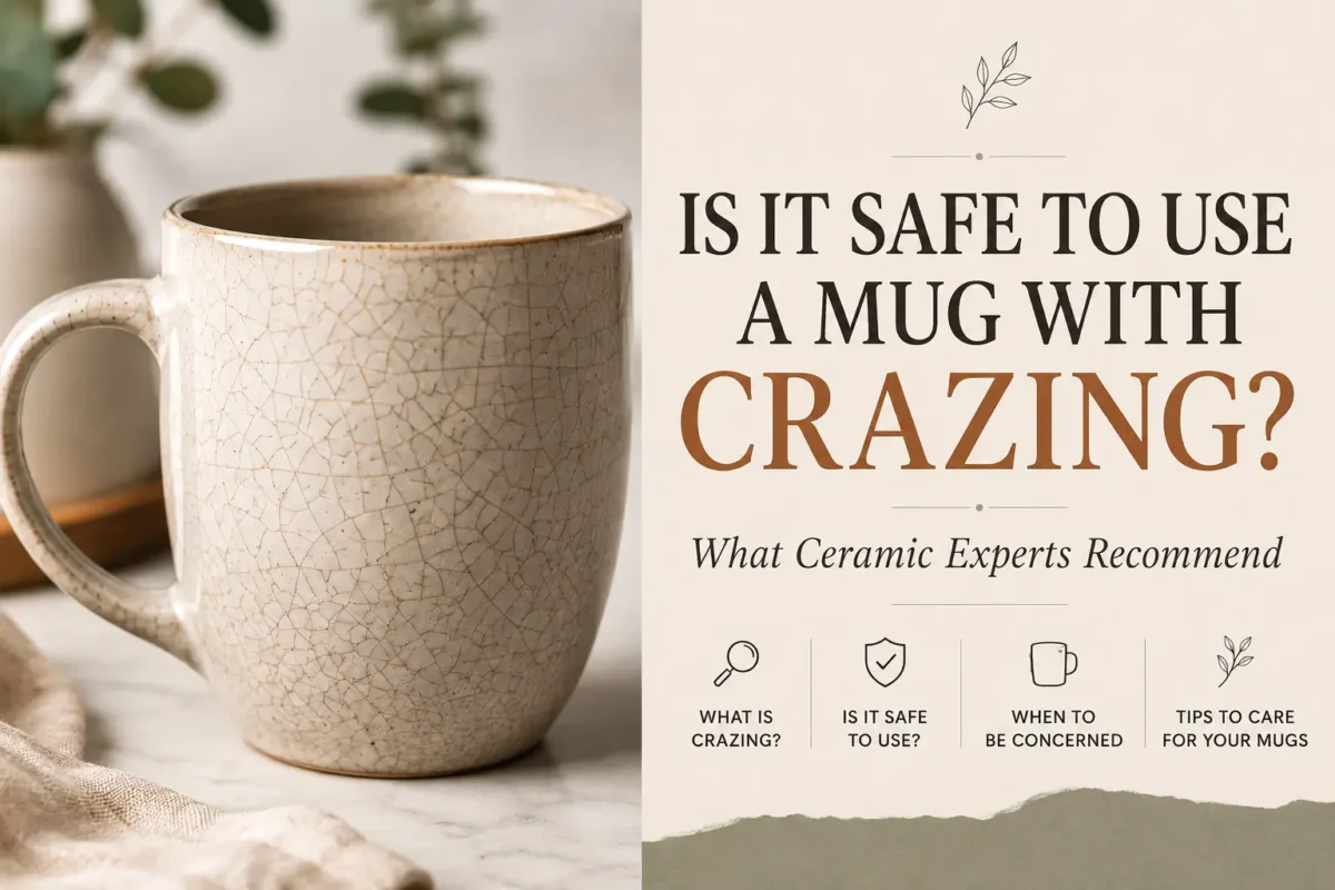 Close-up of a ceramic mug with glaze crazing, illustrating whether a crazed mug is safe for everyday use.