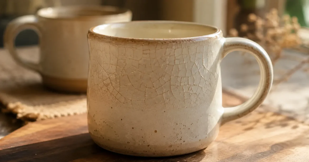 Close-up of a ceramic mug showing fine crazing cracks in the glaze surface.