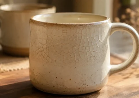Close-up of a ceramic mug showing fine crazing cracks in the glaze surface.