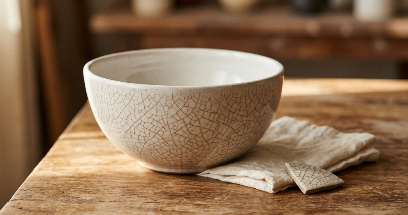 Close-up of crazing in ceramic glaze — fine hairline cracks visible on the surface of a handmade stoneware bowl explained in ArtyCera ceramic care guide