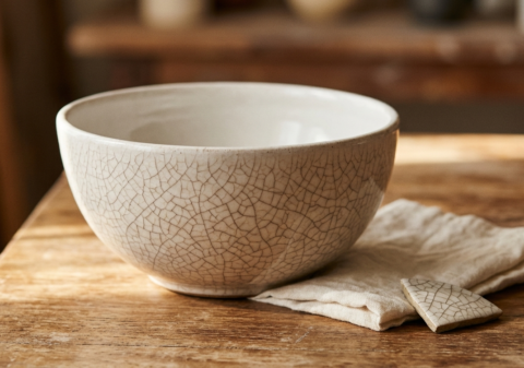 Close-up of crazing in ceramic glaze — fine hairline cracks visible on the surface of a handmade stoneware bowl explained in ArtyCera ceramic care guide