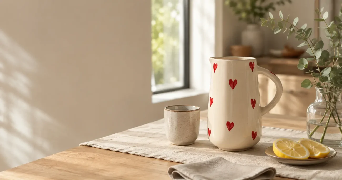 Handmade ceramic water jug on a dining table with red hearts, ceramic tumbler and lemon slices.