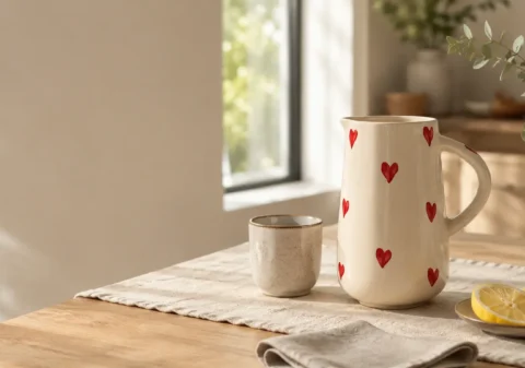 Handmade ceramic water jug on a dining table with red hearts, ceramic tumbler and lemon slices.