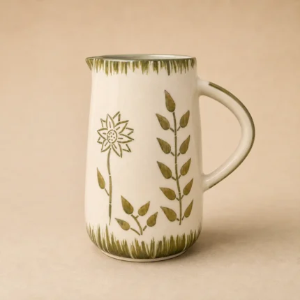 Handmade ceramic water jug with handpainted botanical design, 1 litre capacity