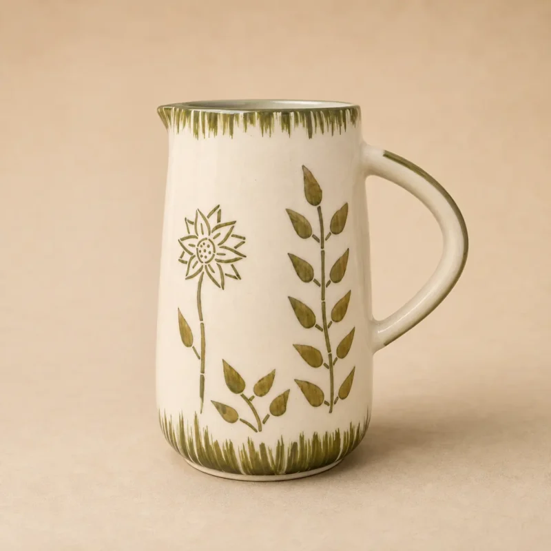 Handmade ceramic water jug with handpainted botanical design, 1 litre capacity