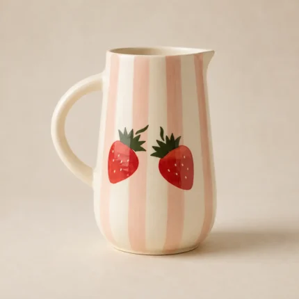 Handmade ceramic water jug with pink stripes and handpainted strawberries, 1 litre capacity