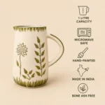 Infographic showing the key features of a handmade ceramic water jug including 1 litre capacity, food-safe ceramic, handcrafted design, microwave safe and easy pouring
