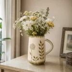 Handmade botanical ceramic jug used as a decorative flower vase with fresh greenery